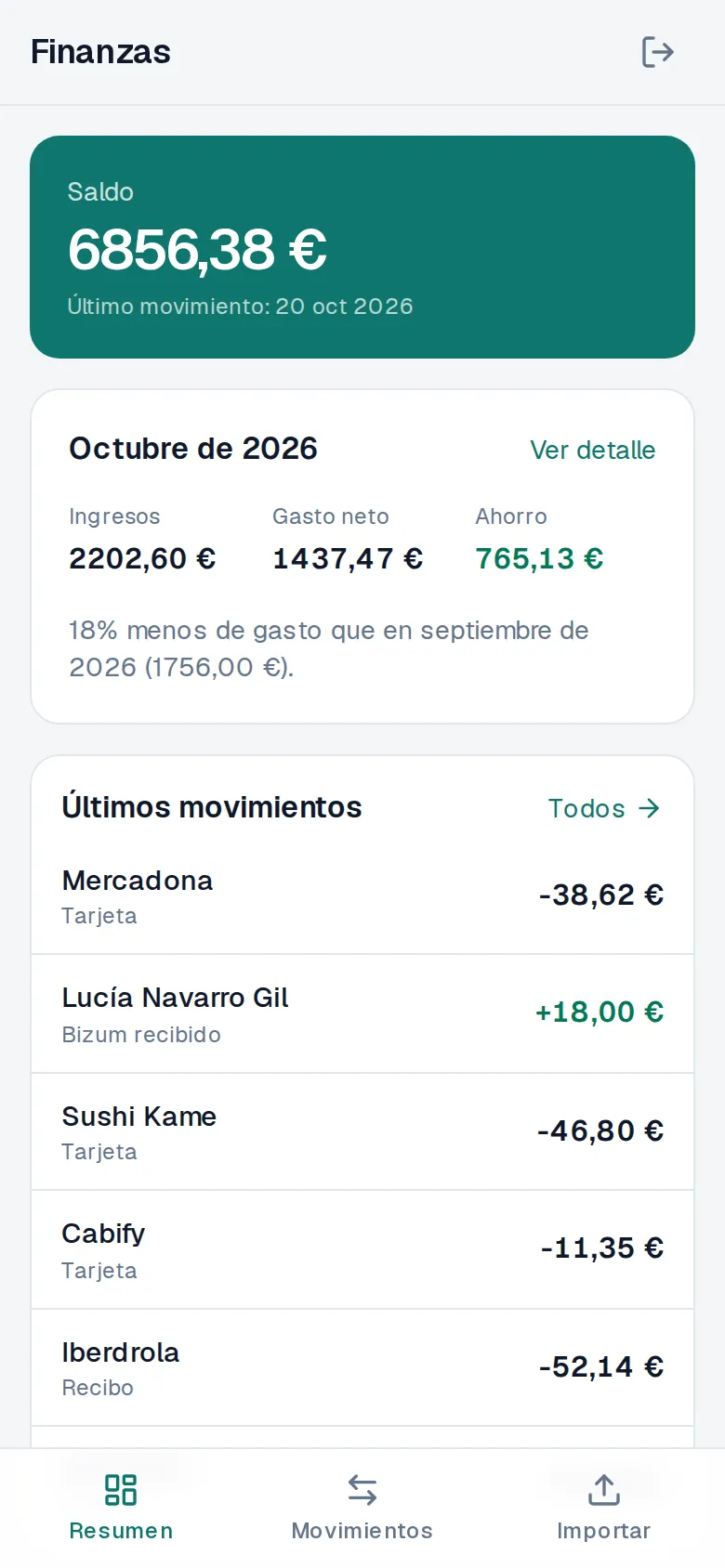 Resumen de Finanzas con el saldo, los ingresos, el gasto y el ahorro de octubre y los últimos movimientos