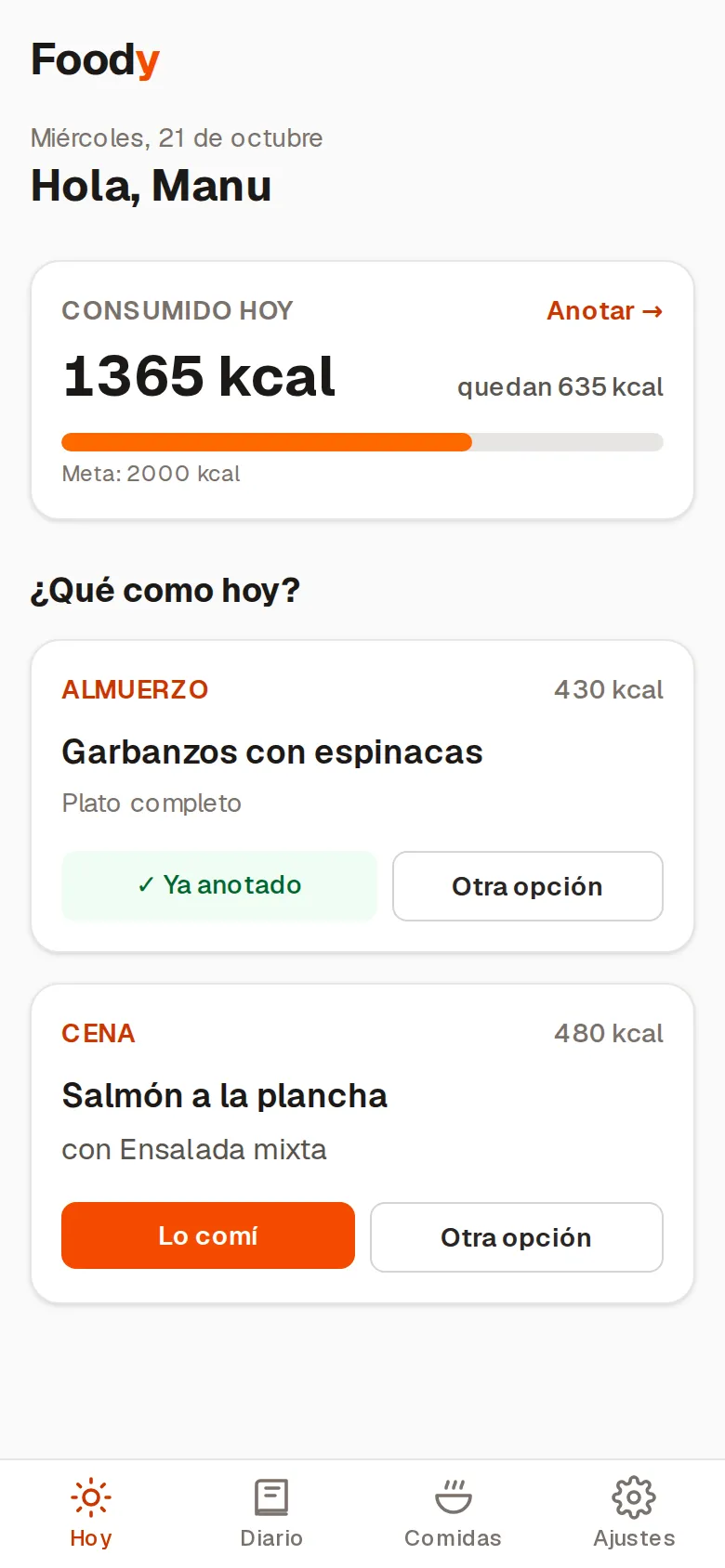Pantalla de hoy en Foody con las calorías del día y las propuestas de almuerzo y cena