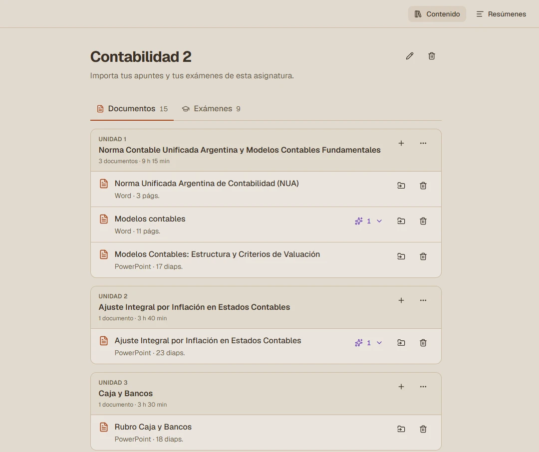 Roadmap con una asignatura dividida en unidades, cada una con sus documentos de Word y PowerPoint